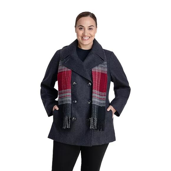NEW London Fog Women's 2X Gray Wool Blend Pea Coat Women's 2X With Scarf - Picture 1 of 12